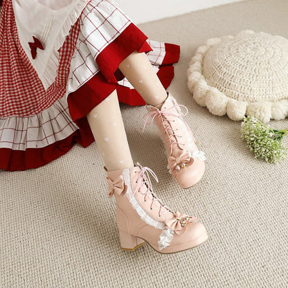 Lace Bow Tie Pearls Block Chunky Heel Ankle Boots for Women