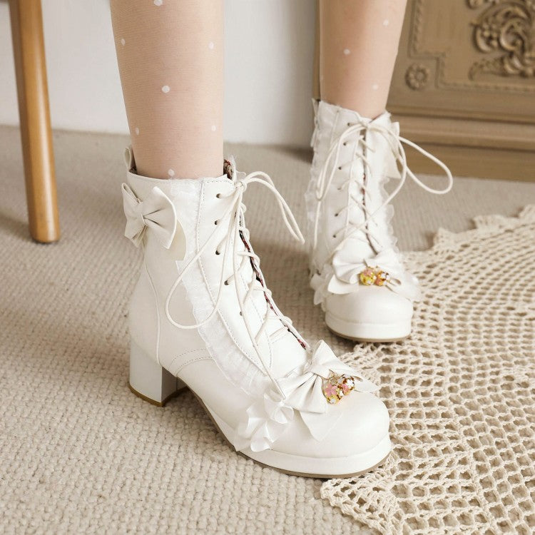 Lace Bow Tie Pearls Block Chunky Heel Ankle Boots for Women