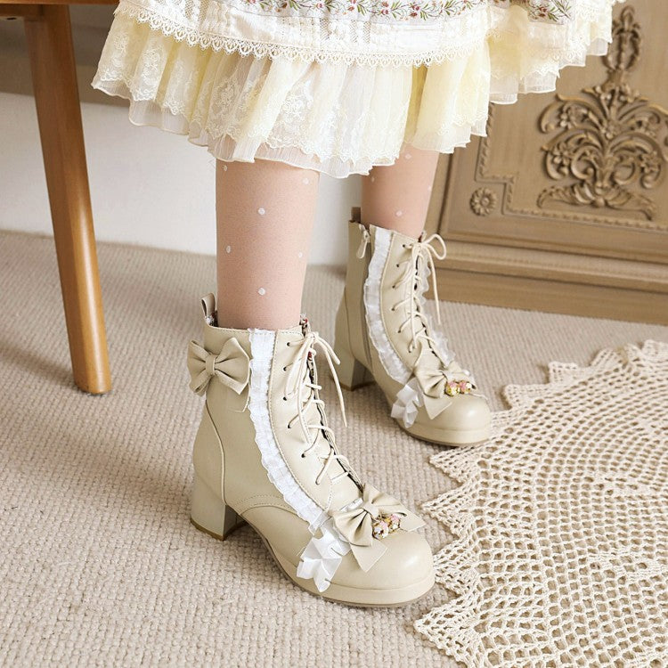 Lace Bow Tie Pearls Block Chunky Heel Ankle Boots for Women