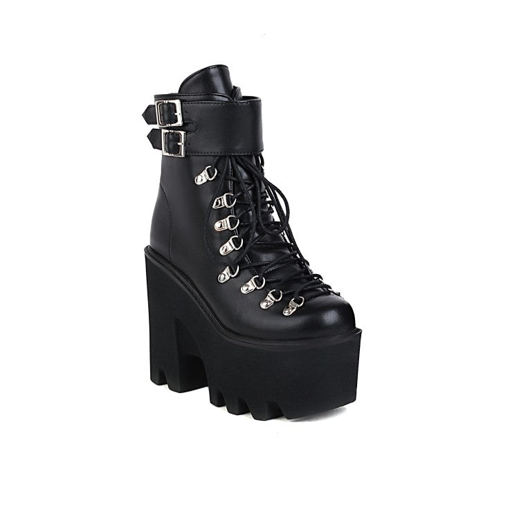 Pu Leather Round Toe Metal Rivets Lace Up Buckle Straps Block Chunky Heel Platform Ankle Boots for Women
