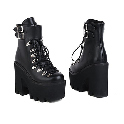 Pu Leather Round Toe Metal Rivets Lace Up Buckle Straps Block Chunky Heel Platform Ankle Boots for Women
