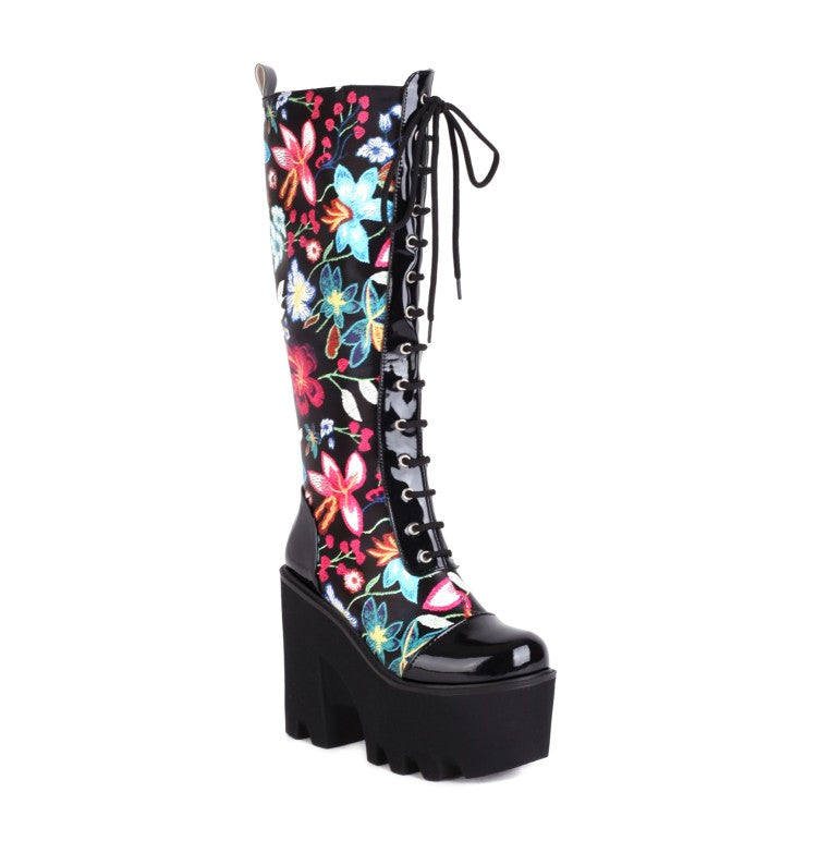 Ladies Flora Patchwork Lace Up Chunky Heel Platform Knee High Boots