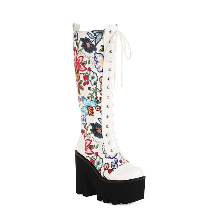 Ladies Flora Patchwork Lace Up Chunky Heel Platform Knee High Boots