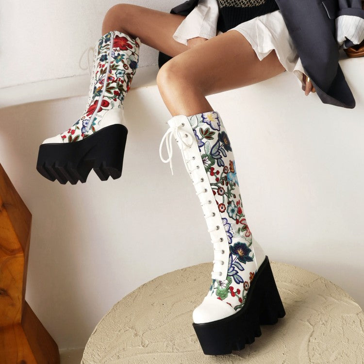 Ladies Flora Patchwork Lace Up Chunky Heel Platform Knee High Boots