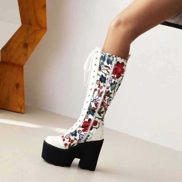 Ladies Flora Patchwork Lace Up Chunky Heel Platform Knee High Boots