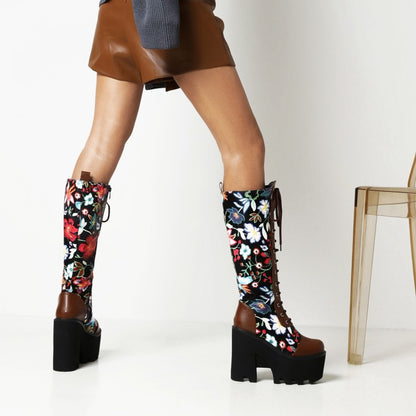 Ladies Flora Patchwork Lace Up Chunky Heel Platform Knee High Boots