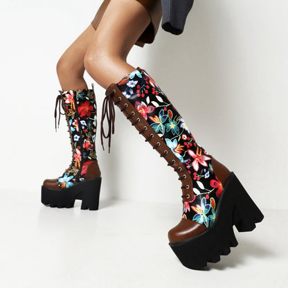 Ladies Flora Patchwork Lace Up Chunky Heel Platform Knee High Boots