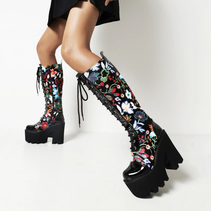 Ladies Flora Patchwork Lace Up Chunky Heel Platform Knee High Boots