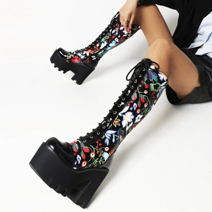 Ladies Flora Patchwork Lace Up Chunky Heel Platform Knee High Boots