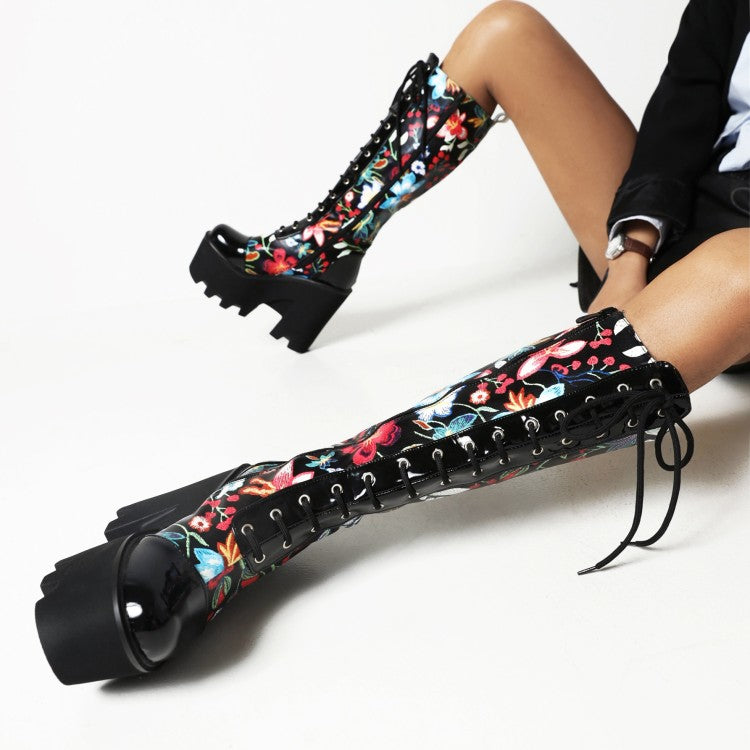 Ladies Flora Patchwork Lace Up Chunky Heel Platform Knee High Boots