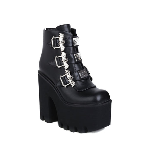 Pu Leather Square Toe Metal Rivets Buckle Straps Block Chunky Heel Platform Ankle Boots for Women