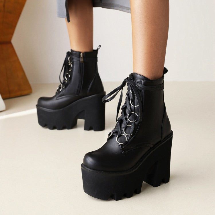 Glossy Round Toe Lace Up Block Chunky Heel Platform Ankle Boots for Women