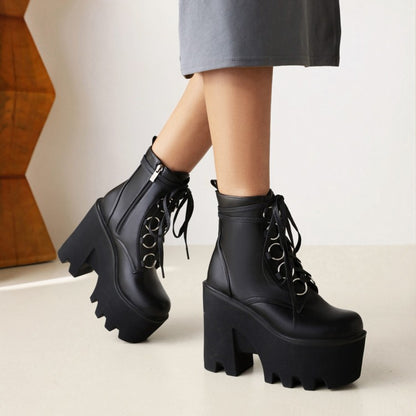 Glossy Round Toe Lace Up Block Chunky Heel Platform Ankle Boots for Women