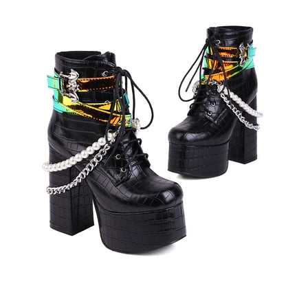 Crocodile Pattern Pu Leather Sequins Side Zippers Lace Up Block Chunky Heel Platform Ankle Boots for Women