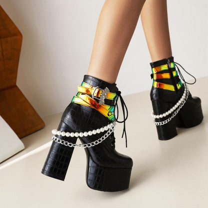 Crocodile Pattern Pu Leather Sequins Side Zippers Lace Up Block Chunky Heel Platform Ankle Boots for Women