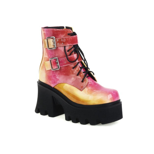 Colorful Square Toe Lace Up Buckle Straps Side Zippers Block Chunky Heel Platform Short Boots for Women