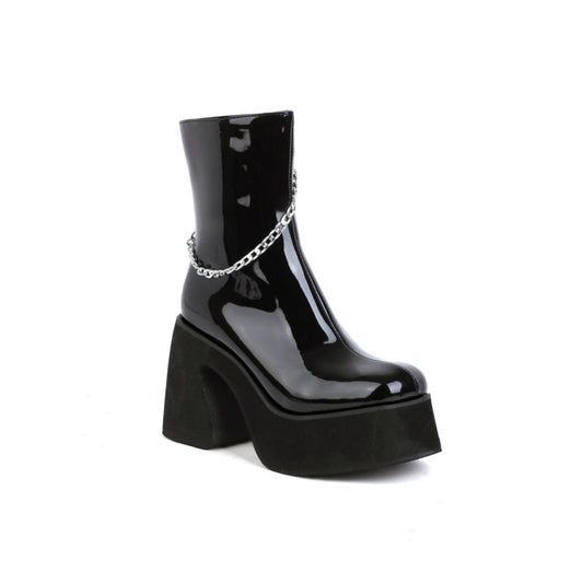 Glossy Round Toe Metal Chains Side Zippers Block Chunky Heel Platform Short Boots for Women