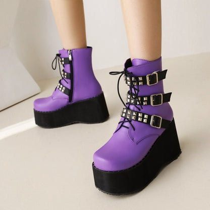 Ladies Lace Up Rivets Buckle Straps Side Zippers Wedge Heel Platform Short Boots