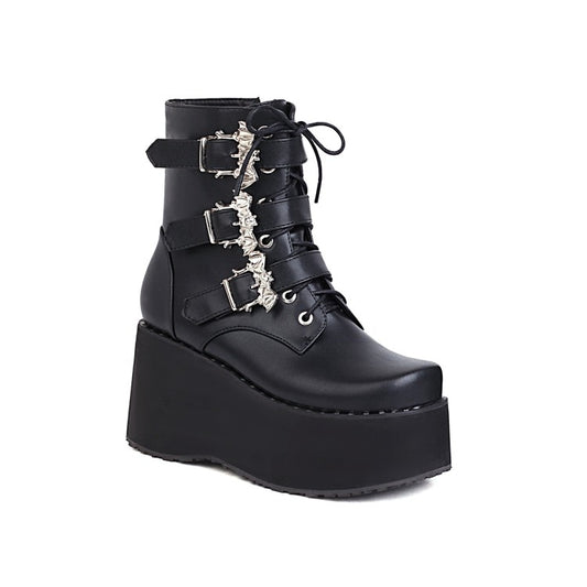 Ladies Lace Up Buckle Straps Wedge Heel Platform Short Boots