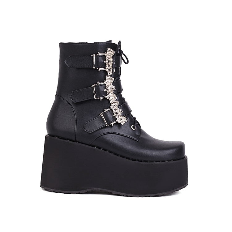 Ladies Lace Up Buckle Straps Wedge Heel Platform Short Boots