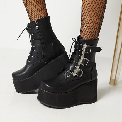 Ladies Lace Up Buckle Straps Wedge Heel Platform Short Boots