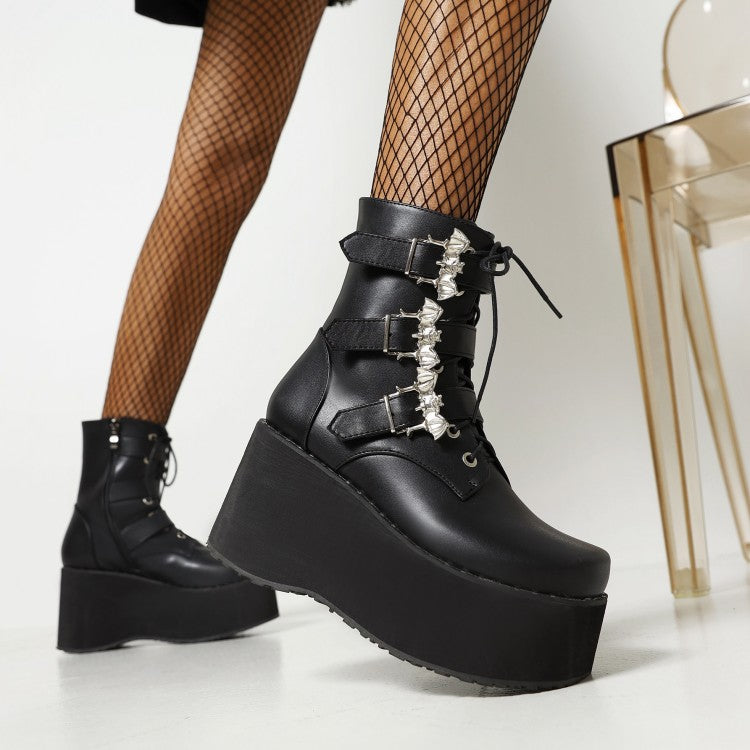 Ladies Lace Up Buckle Straps Wedge Heel Platform Short Boots