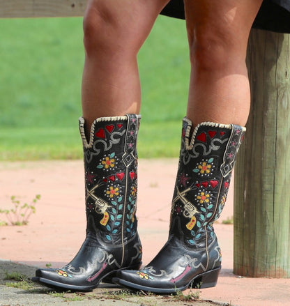 Ladies Ethnic Embroidery Puppy Heel Cowboy Mid Calf Boots