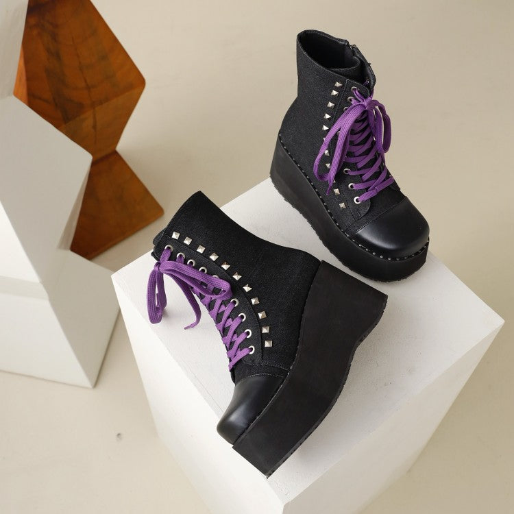 Ladies Square Toe Bicolor Lace Up Wedge Heel Platform Short Boots