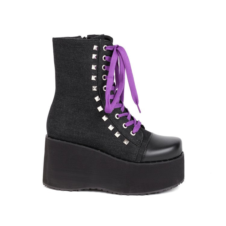 Ladies Square Toe Bicolor Lace Up Wedge Heel Platform Short Boots