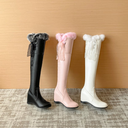 Lace Fur Inside Heighten Wedge Heel Over-The-Knee Boots for Women