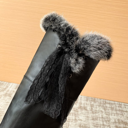 Lace Fur Inside Heighten Wedge Heel Over-The-Knee Boots for Women