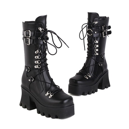 Glossy Metal Buckle Straps Lace Up Block Chunky Heel Platform Mid-calf Boots for Women