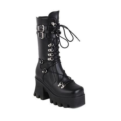 Glossy Metal Buckle Straps Lace Up Block Chunky Heel Platform Mid-calf Boots for Women