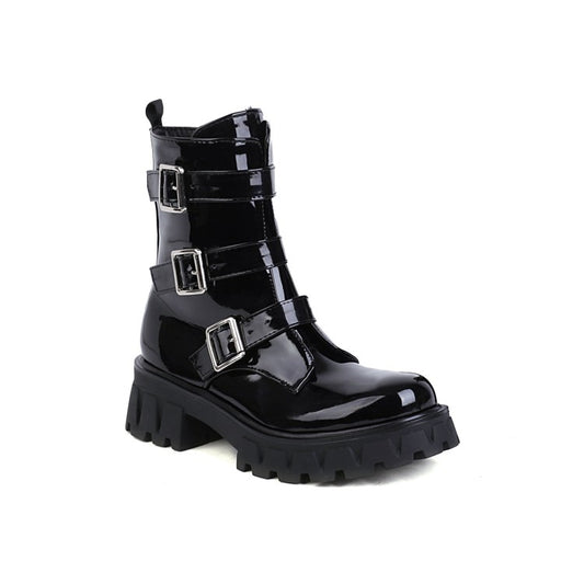 Glossy Round Toe Buckle Straps Side Zippers Block Chunky Heel Platform Short Boots for Women