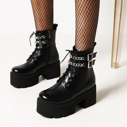 Ladies Square Toe Tied Belts Metal Chains Buckles Block Heel Platform Short Boots