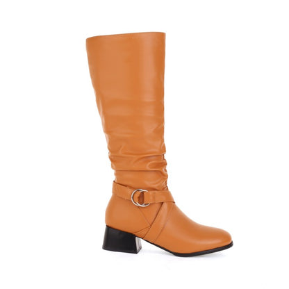 Ladies Pu Leather Belts Buckles Side Zippers Block Heel Knee High Boots