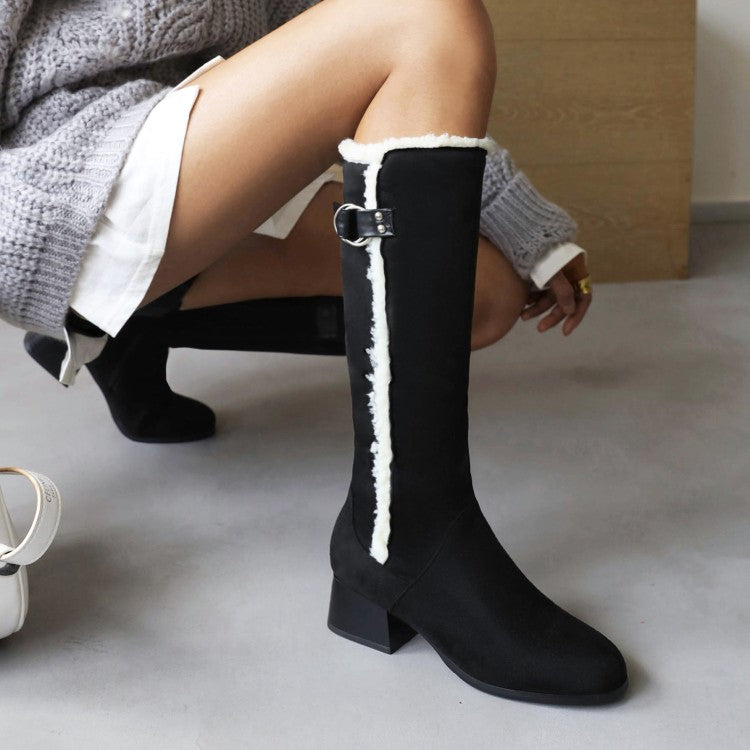 Ladies Lamb Wool Patchwork Puppy Heel Knee High Boots