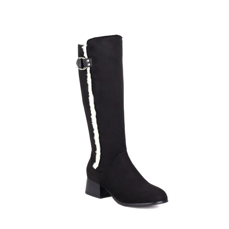 Ladies Lamb Wool Patchwork Puppy Heel Knee High Boots