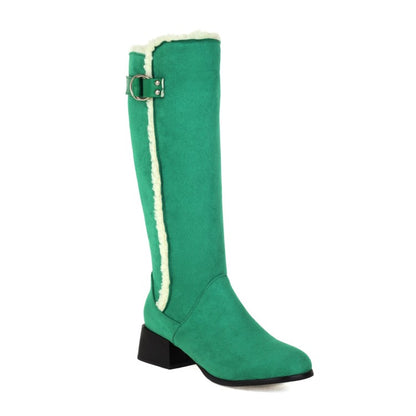 Ladies Lamb Wool Patchwork Puppy Heel Knee High Boots