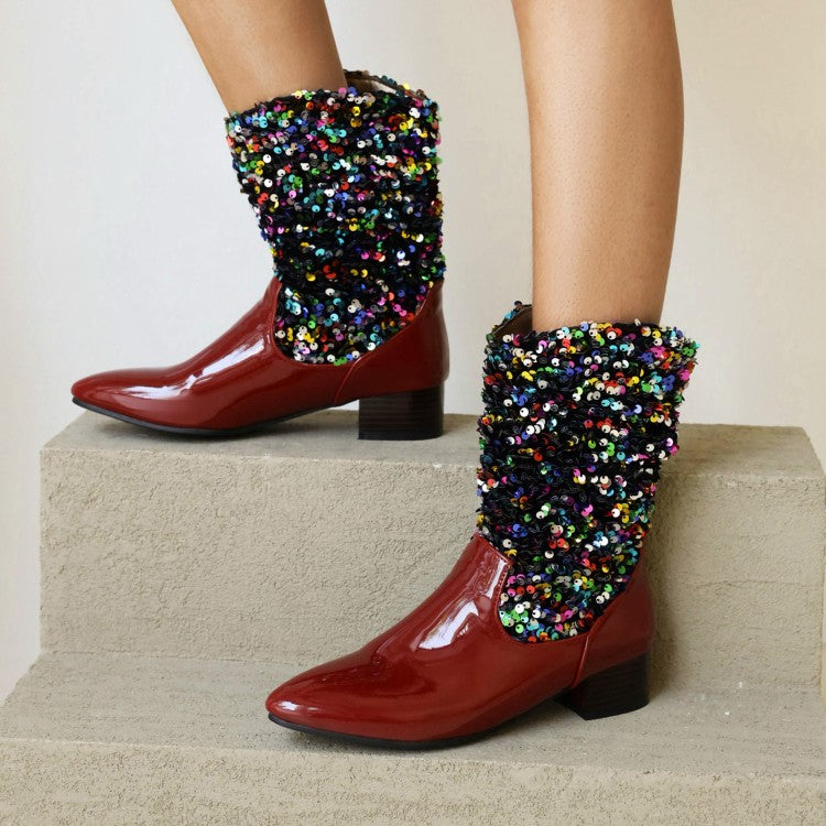 Ladies Glossy Pointed Toe Sequins Patchwork Square Heel Mid Calf Boots