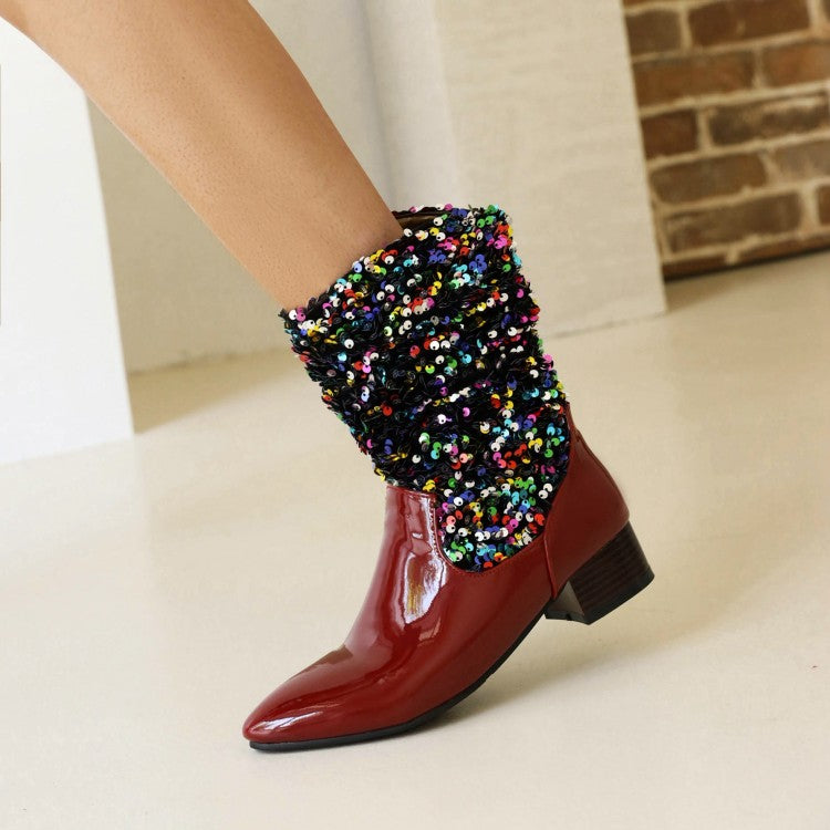 Ladies Glossy Pointed Toe Sequins Patchwork Square Heel Mid Calf Boots