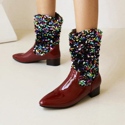 Ladies Glossy Pointed Toe Sequins Patchwork Square Heel Mid Calf Boots