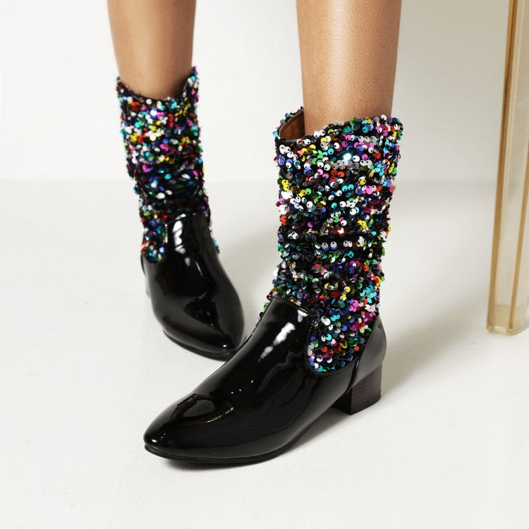 Ladies Glossy Pointed Toe Sequins Patchwork Square Heel Mid Calf Boots