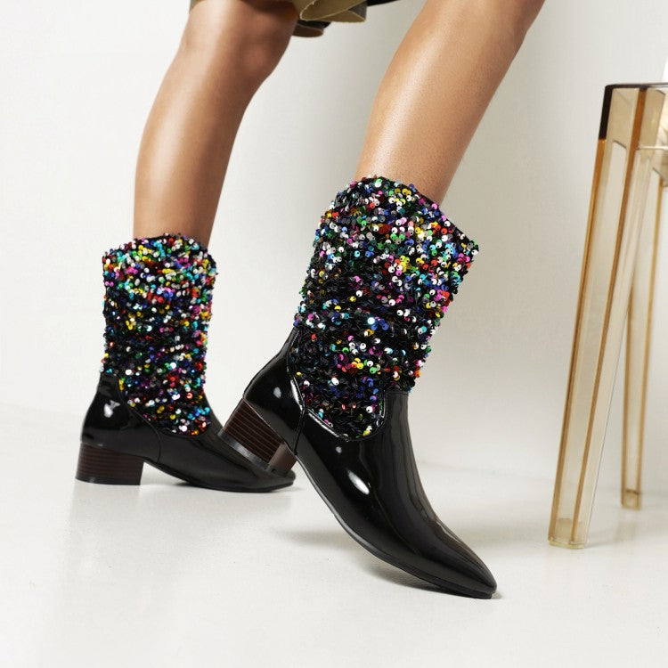 Ladies Glossy Pointed Toe Sequins Patchwork Square Heel Mid Calf Boots