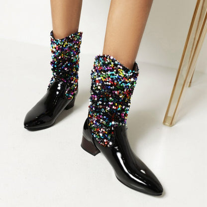 Ladies Glossy Pointed Toe Sequins Patchwork Square Heel Mid Calf Boots