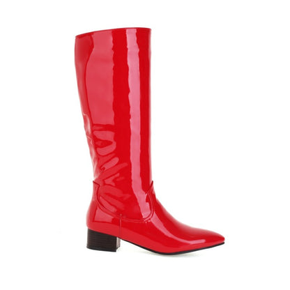 Ladies Glossy Pointed Toe Puppy Heel Knee High Boots