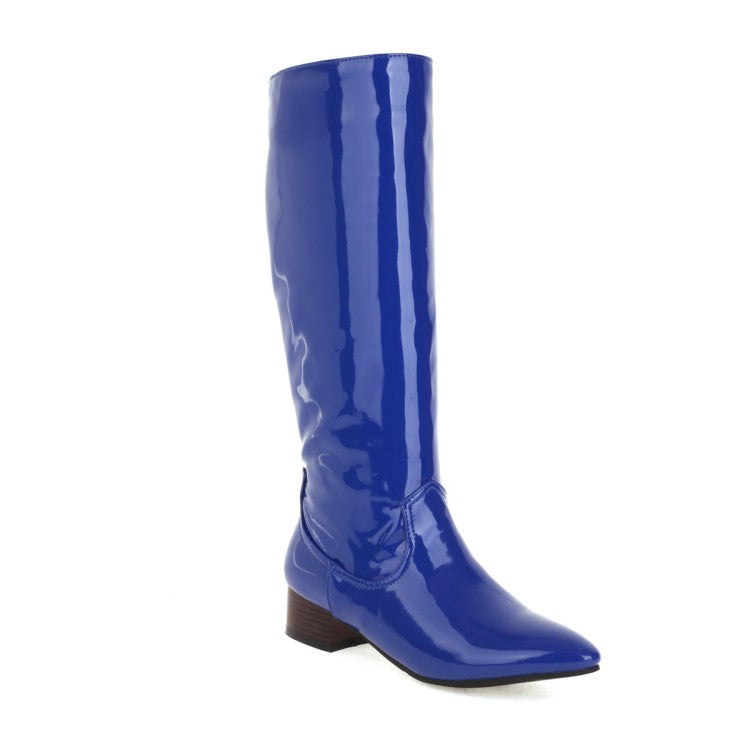 Ladies Glossy Pointed Toe Puppy Heel Knee High Boots