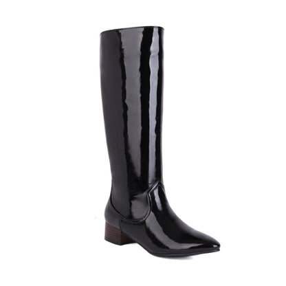 Ladies Glossy Pointed Toe Puppy Heel Knee High Boots