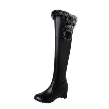 Pu Leather Round Toe Fur Inside Heighten Wedge Heel Over-The-Knee Boots for Women