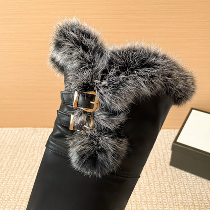 Pu Leather Round Toe Fur Inside Heighten Wedge Heel Over-The-Knee Boots for Women